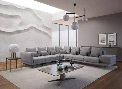 Luxury Set Living room Textile Upholstered Sofa L-shape Wood Coffee table with Side table